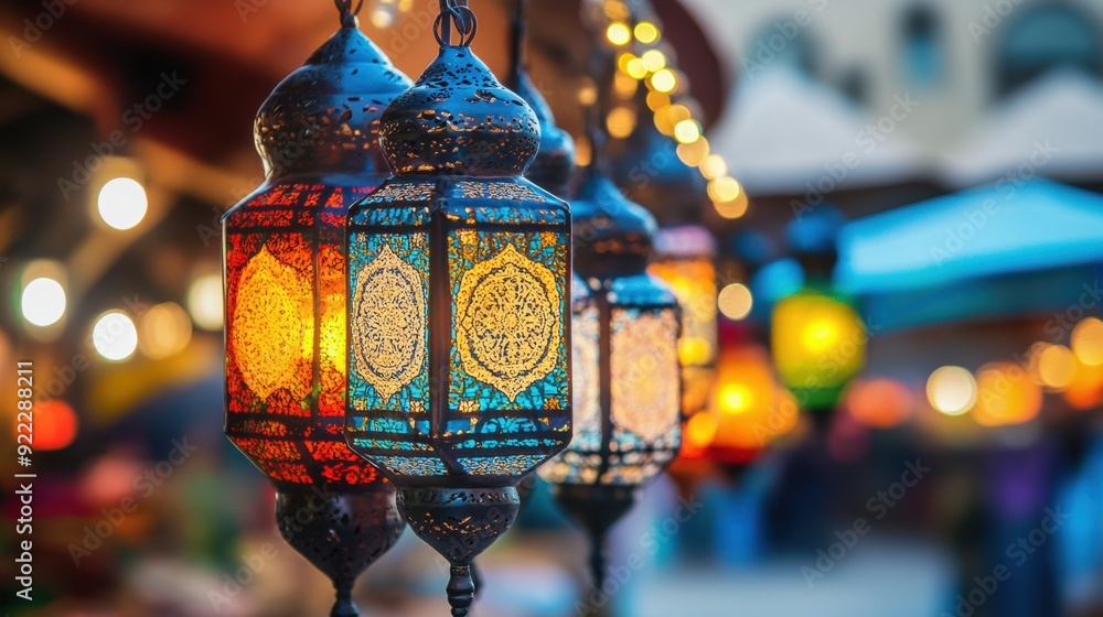 Poster a group of colorful lanterns hanging from a string in the night, ai