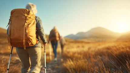 A group of hikers exploring a golden landscape at sunset, carrying backpacks through a serene and scenic mountain trail.