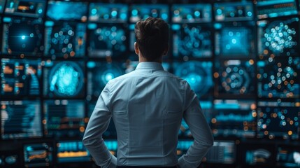 A focused individual analyzing data on multiple digital screens, embodying modern technology and information processing.