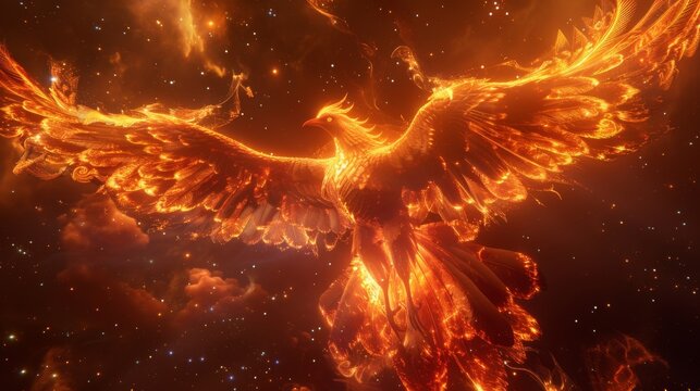 Reborn of a majestic phoenix with fiery glowing wings 