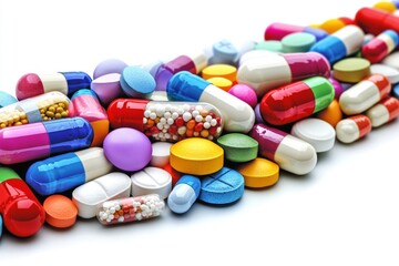 A vibrant row of multicolored pills and capsules arranged in a seamless flowing line symbolizing the continuous and diverse nature of pharmaceutical treatment options