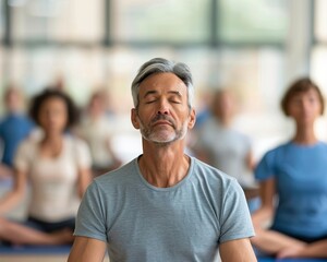 A focused man practicing yoga in a serene class, promoting mindfulness and inner peace among a group of participants.
