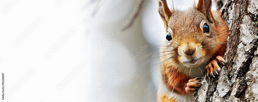 Poster close-up of a red squirrel's face and paw on a tree trunk
