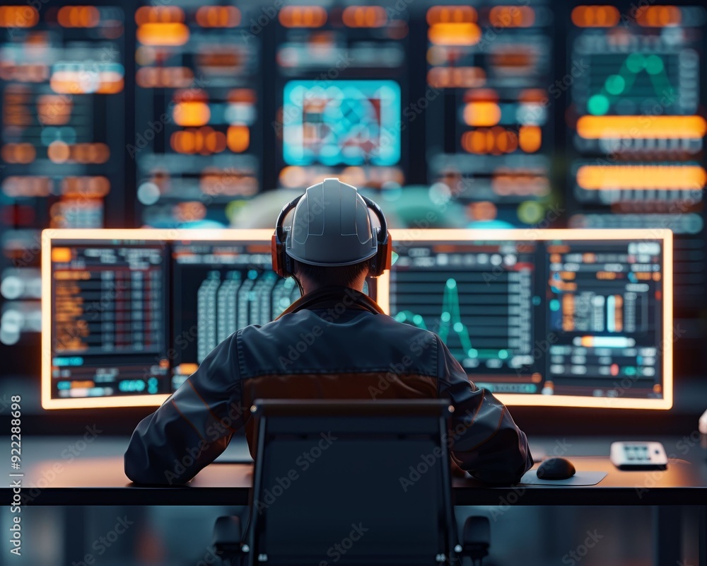Poster a focused operator monitors multiple screens in a control room, analyzing data for effective decisio