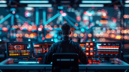 A focused operator manages a high-tech control room with vibrant lights and advanced technology. Ideal for modern tech visuals.