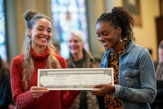financial sponsor presenting a large check to a charity organization, with smiles and appreciation evident in the interaction, highlighting the impact of charitable contributions
