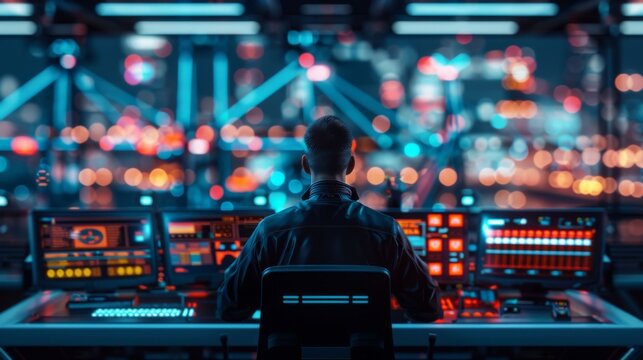 A focused operator manages a high-tech control room with vibrant lights and advanced technology. Ideal for modern tech visuals.