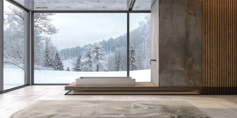 A large window in a room with a view of a snowy mountain