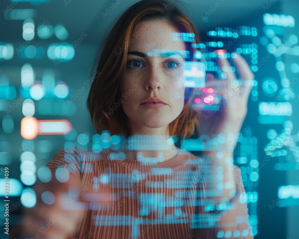 Poster a focused woman interacts with digital data displayed on a screen, showcasing innovation and technol