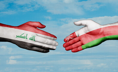 Oman and Iraq country handshaking with flags, consensus concept international co-operation illustration