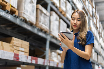 Portrait asian engineer woman shipping order check goods supplies export, import, goods, factory,...