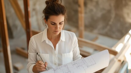 A focused woman examines architectural plans at a construction site, showcasing her dedication to detail and design.