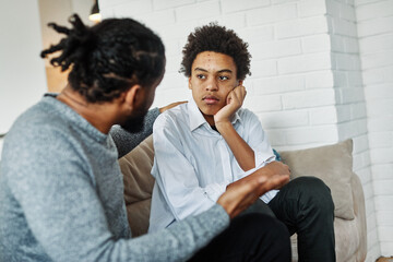 father son family man child conversation talking parent boy discussion communication together male...