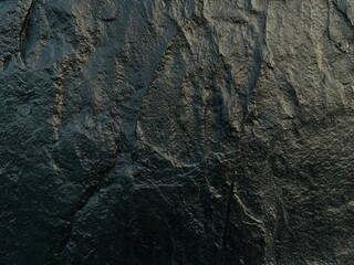 Close-Up of Dark Textured Rock Surface with Natural Cracks and Grooves in Low Light