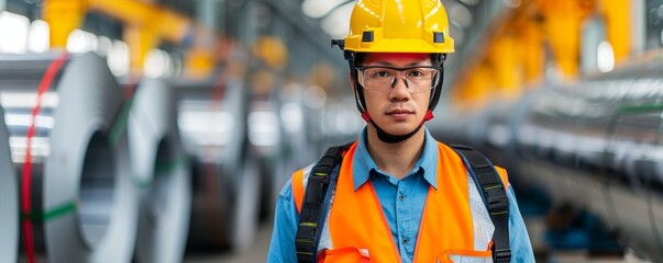A focused worker in safety gear, showcasing commitment and professionalism in a modern industrial environment.