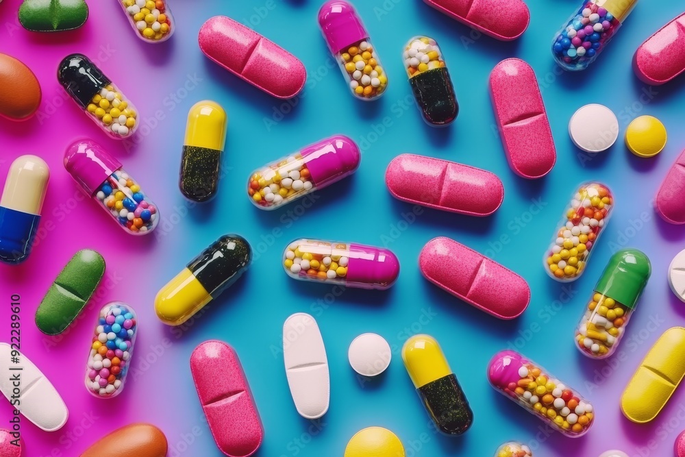 Poster a seamless pattern of various colorful pills and capsules against a soft gradient background symboli