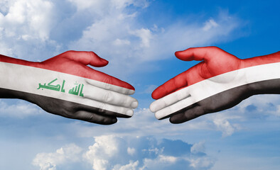 Yemen and Iraq country handshaking with flags, consensus concept international co-operation illustration