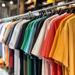 Obraz premium Colorful shirts hang on hangers generated.AI
