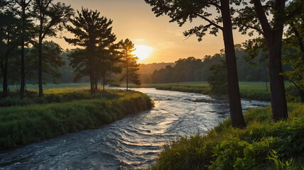 Sunset casts warm glow over flowing river, framed by trees in peaceful natural setting