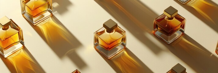 Assorted elegant perfume bottles casting shadows on beige surface.