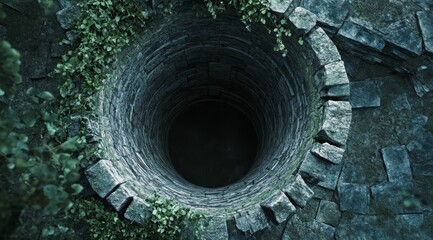 A deep stone well, which is overgrown with various vegetation, evokes a sense of mystery and rich history