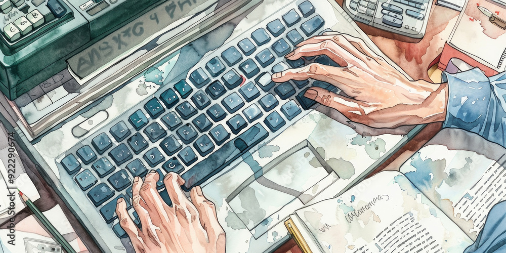 Aufkleber hands engage in typing on a keyboard while surrounded by books and notes in a busy workspace