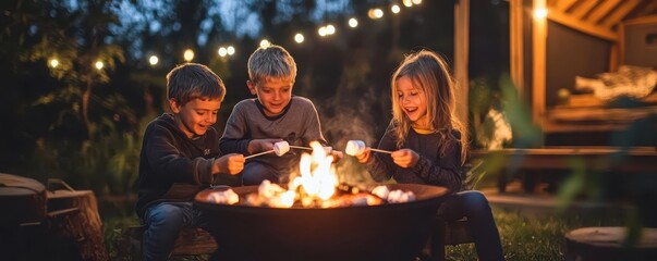 Obraz premium Children enjoy roasting marshmallows around a cozy fire pit in a charming outdoor setting, creating warm memories together.