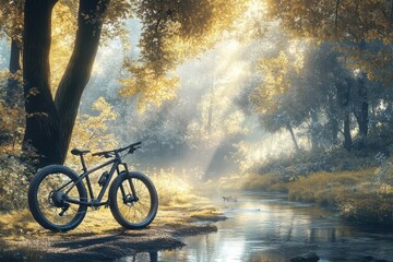 Obraz premium Mountain bike parked beside a tranquil forest stream, soft sunlight filtering through trees, peaceful mood, high-detail illustration, warm tones