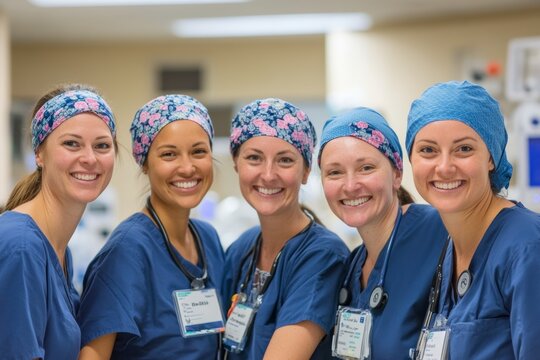 group of oncology nurses in a hospital, smiling and collaborating, with a focus on teamwork and dedication, set against a professional medical backdrop with supportive signage for Oncology Nurses Day