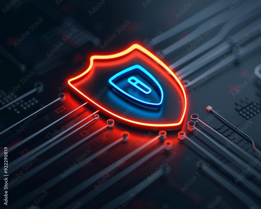 Poster a glowing digital shield design representing cybersecurity and digital protection in a modern tech e