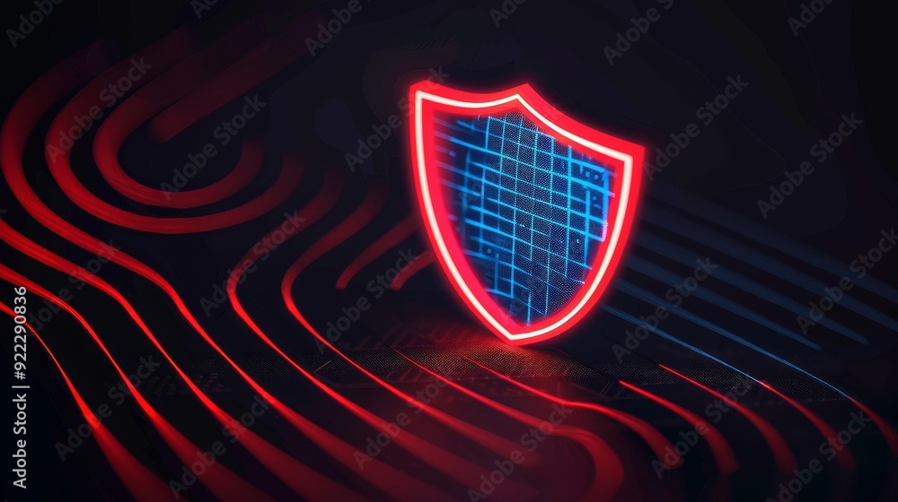 Poster a glowing digital shield representing cybersecurity, set against a dark background with dynamic ligh
