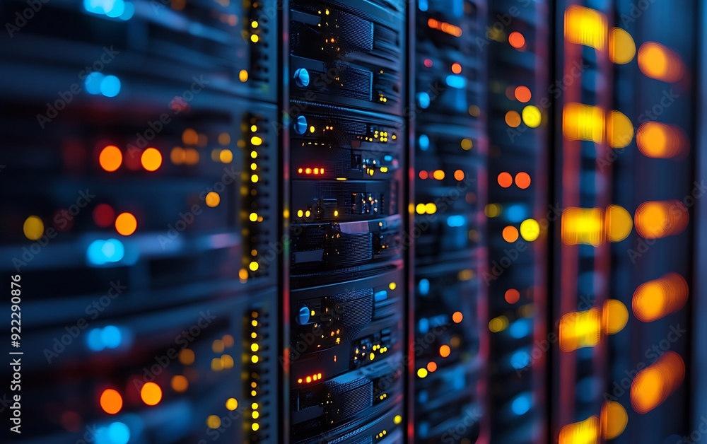 Poster close-up of server front panels with blinking lights in a data center