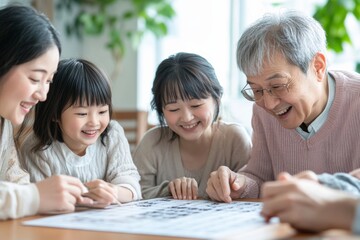 asian family enjoying a friendly Sudoku competition, with smiles and concentration visible on their faces