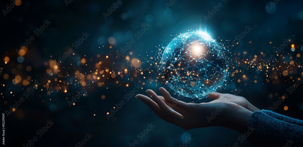 Poster holding the globe with data connectivity of digital technology, cloud computing, and stock make smar