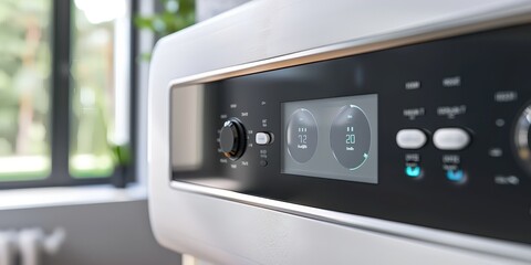 A white washing machine with a digital display showing the time and temperature