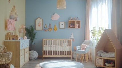 Cozy baby nursery with pastel colors and natural light