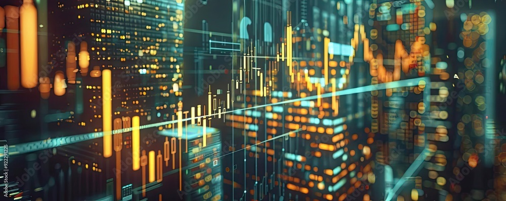 Poster a dynamic financial market visualization with glowing data points and charts representing stock tren
