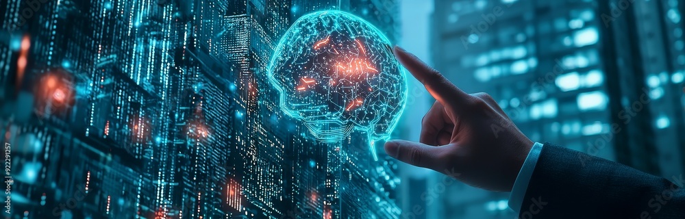 Poster stock technology, machine learning, chatbots, businesspeople using ai to exchange data, deep learnin