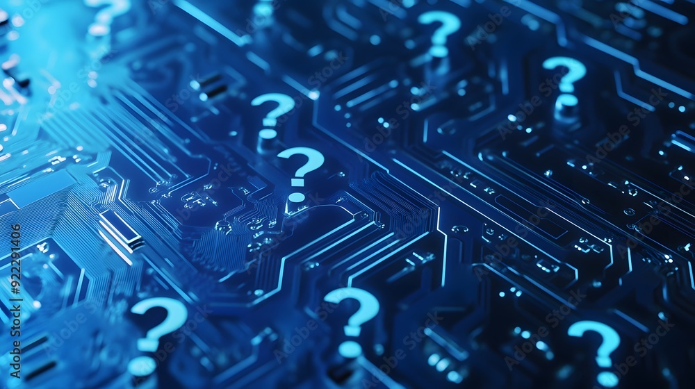 Poster question marks on a circuit board - a concept for technology and the future.