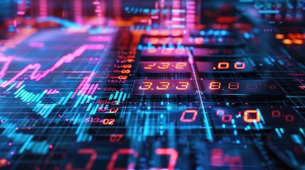 Obraz premium Vibrant digital data visualization with graphs, numbers, and colorful neon lighting for finance and technology themes.