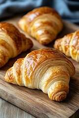 Appetizing croissants on wooden table close-up food