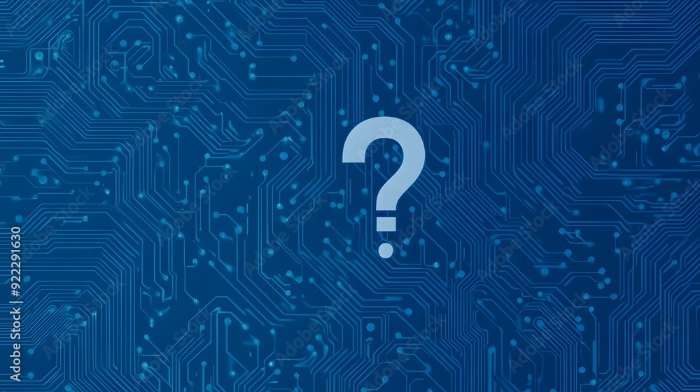 Poster a question mark sits on a blue background with a circuit board design.