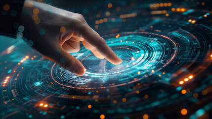 Fingers touch a digital hologram with a data vortex and cyber network connections on a dark background, embodying the concept of advanced technology.