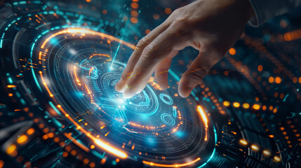 Fingers touch a digital hologram with a data vortex and cyber network connections on a dark background, embodying the concept of advanced technology.