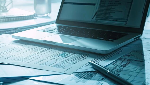 A modern workspace with a laptop, paperwork, and stationery, ideal for productivity and organization in a serene environment.