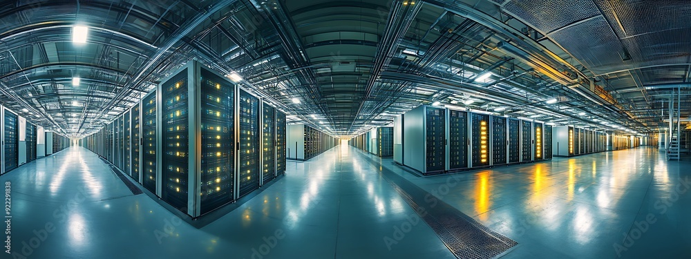 Poster Panoramic View of a Massive Data Center with Rows of Servers and Blinking Lights
