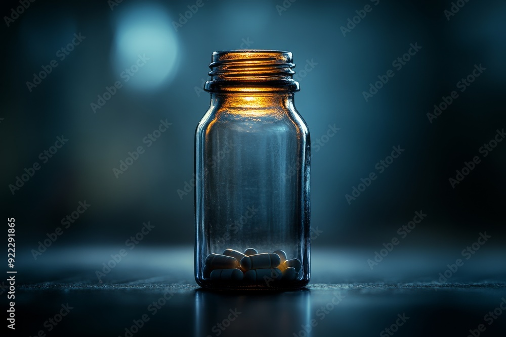 Aufkleber glass vial with dark background containing a small number of pills symbolizing the precision and imp