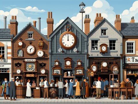 A lively street scene filled with various clocks and people showcasing the art of clockmaking in a vintage setting.