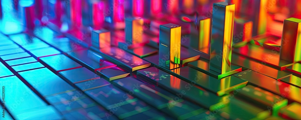 Poster vibrant abstract visualization showcasing colorful bars and reflections, perfect for technology and 