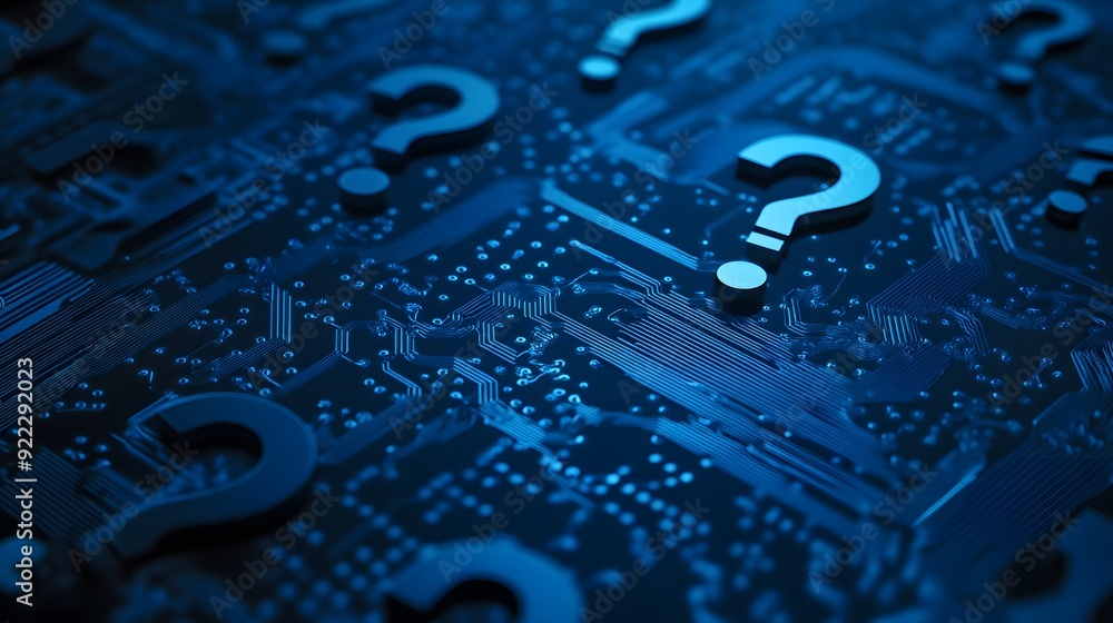 Aufkleber question marks on a circuit board, a concept for data security.